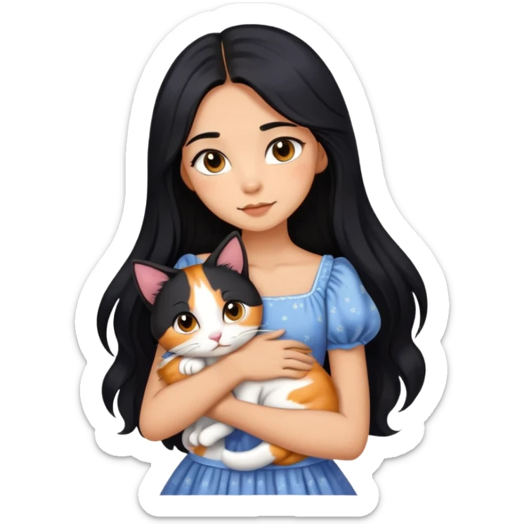 A beautiful girl with long black hair wearing a dress hugs a cat of three colors sticker