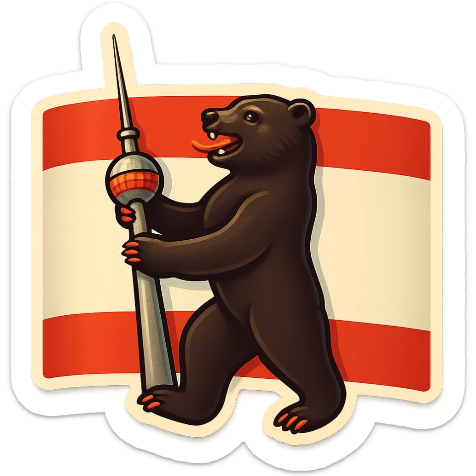 Create an emoji of the Berlin Bear holding the Berlin TV Tower, less cartoonish, with the Berlin flag as the background, no text. The style should be retro stickers style with clear and vibrant colors, maintaining the iconic features of the Berlin Bear but with a more realistic and less cartoonish look, and the bear holding the Berlin TV Tower in its paws. sticker