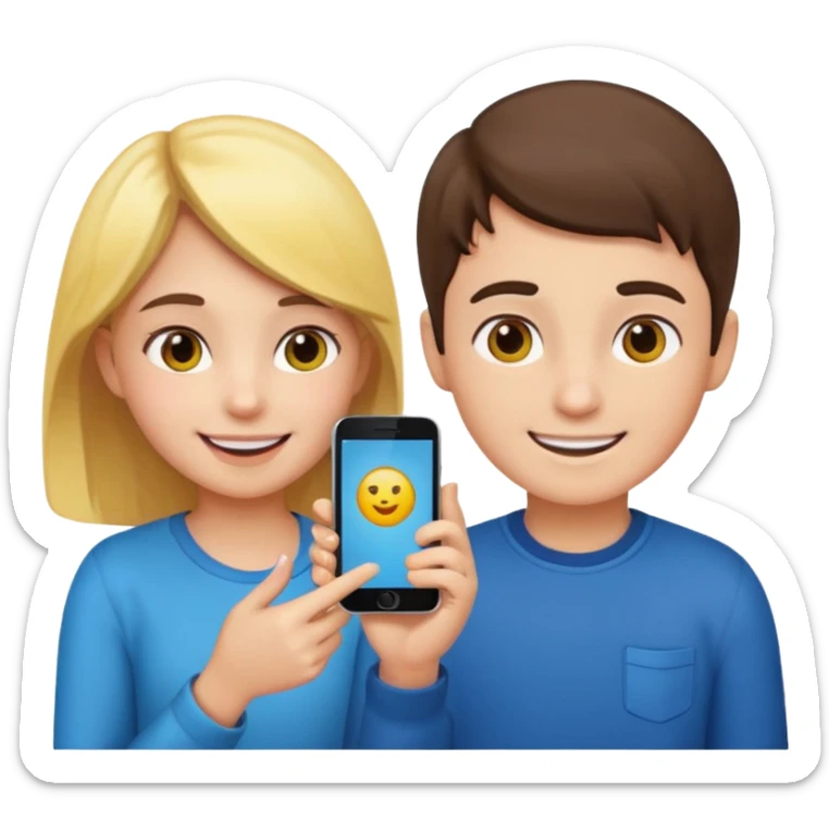 Make an emoji of a girl who is teaching a boy how to make emojis - girl is giving instructions and boy is on phone learning how to make emojis. sticker