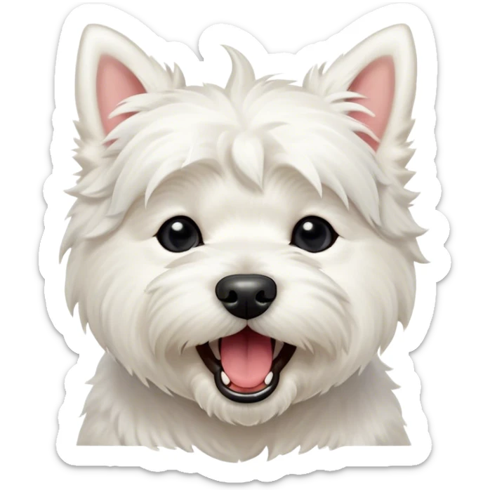 Cinematic Cute Yawning West Highland White Terrier Portrait Emoji, Head tilted slightly with a dramatic, wide-open yawn, showcasing a soft, fluffy white coat with floppy ears slightly drooping and round dark eyes barely open in drowsy contentment, Simplified yet irresistibly adorable features, highly detailed, glowing with a soft, cozy glow, high shine, relaxed yet expressive, stylized with a touch of whimsy, bright and endearing, soft glowing outline, capturing the essence of a sleepy yet affectionate companion, so drowsy it feels like it could stretch out of the screen and curl up for a nap! sticker