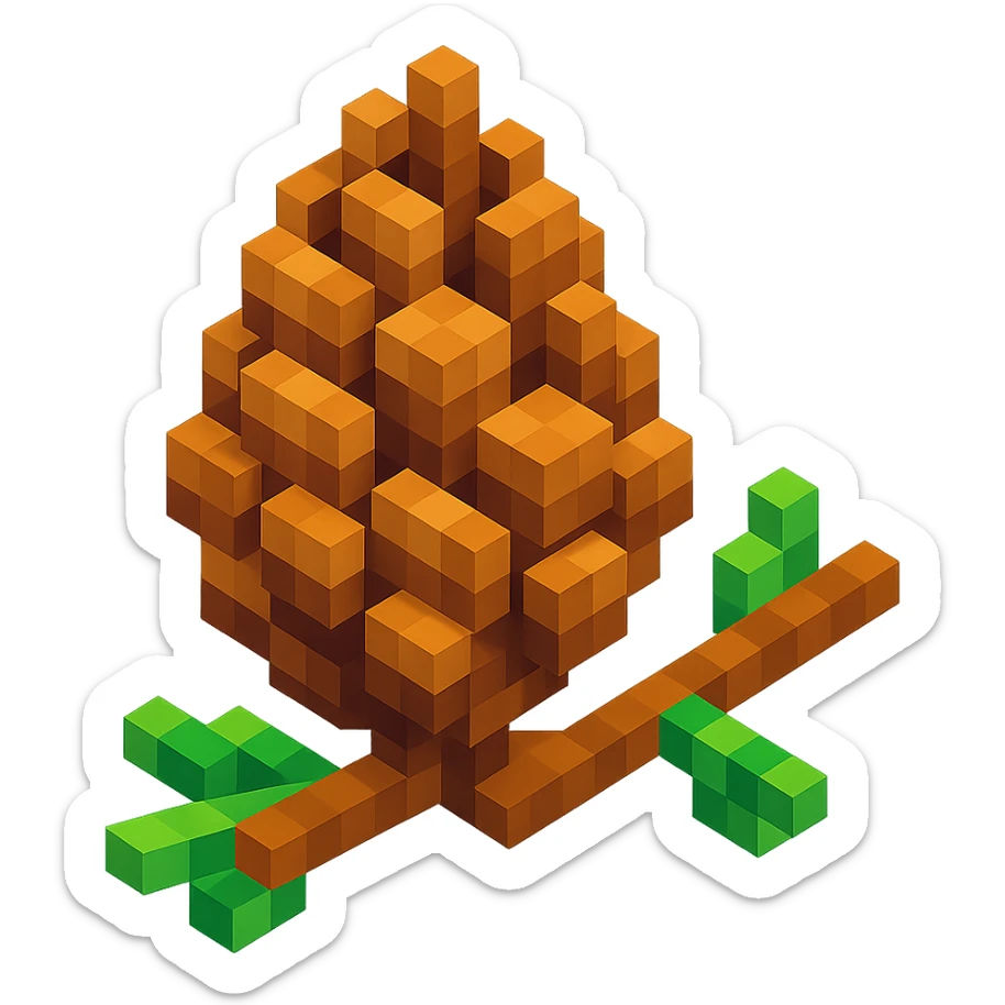 voxel-style pine cone with natural brown tones, on a branch sticker