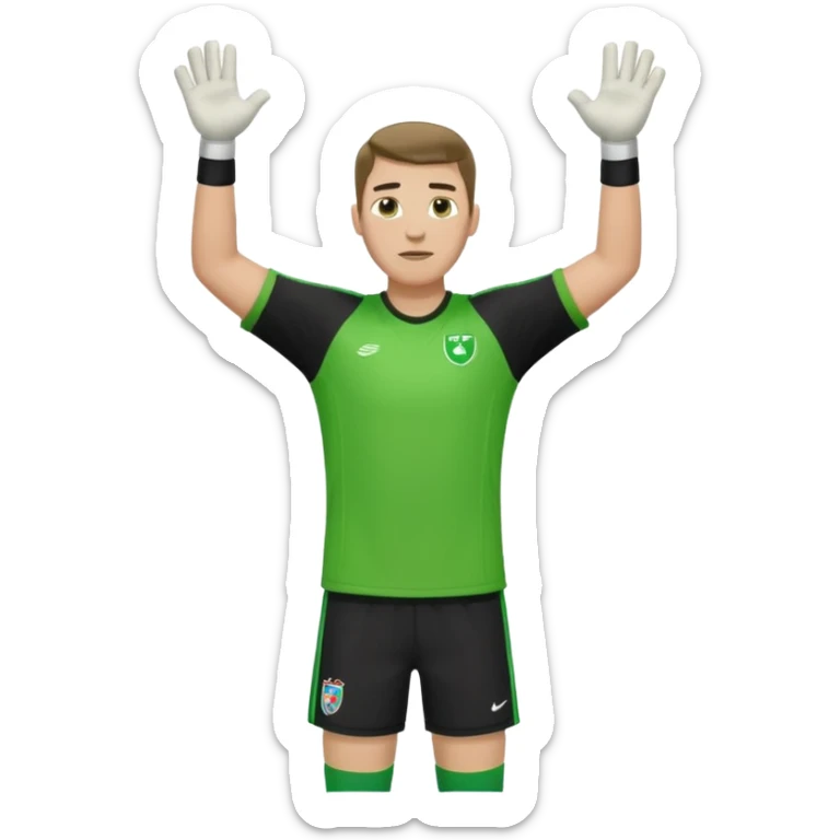 goalkeeper, standing, wearing a green shirt, shorts, socks and football boots, with arms raised sticker