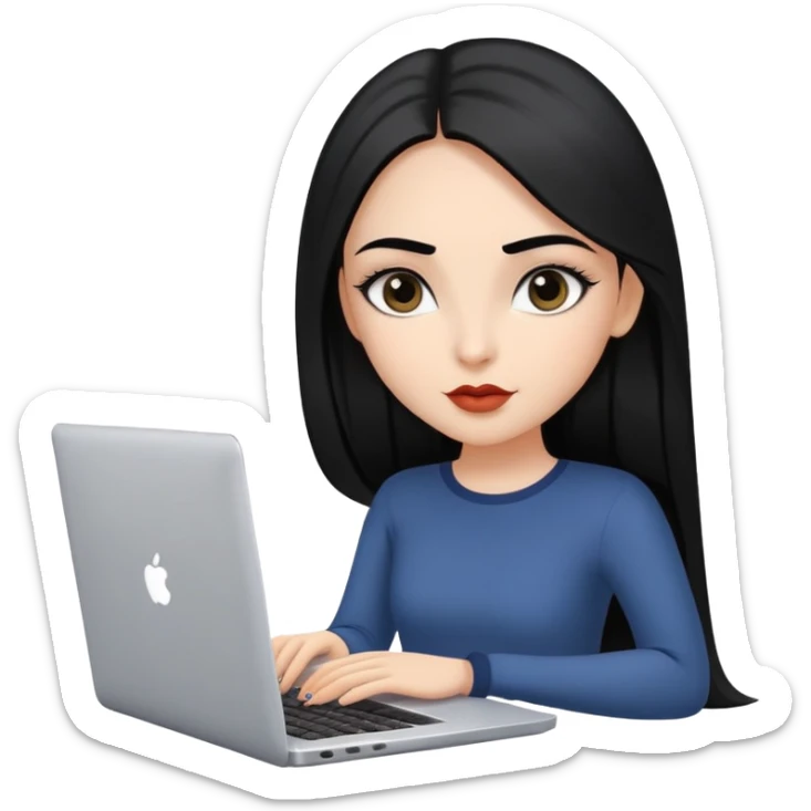 Beautiful girl, with long black hair, straight hair, well-defined eyebrows, big dark eyes, full lips, with a confident expression, with a laptop. sticker