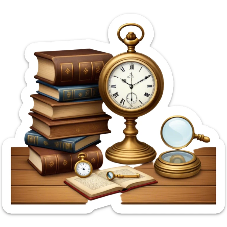 Icon for Antiques Collecting: antique carved  furniture, a vintage pocket watch and a porcelain figurine, all placed on a wooden antique table surrounded by aged books and a magnifying glass. The icon should evoke the elegance and history of antique collecting. Transparent background. sticker
