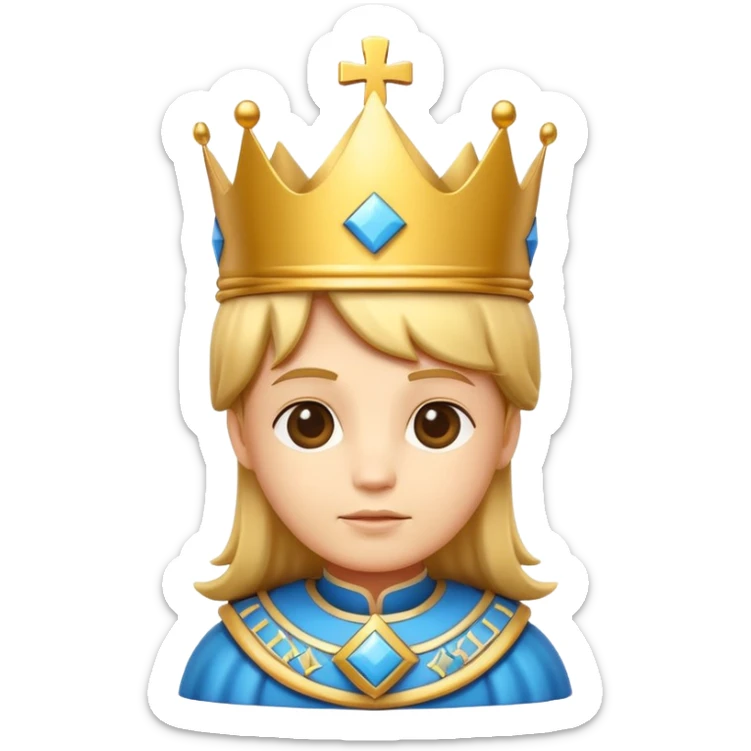 
cute chess king character icon, royal king crown, cross detail on top, 3D cartoon, glossy material, soft shadow, mobile game icon style, centered, clean background, no text, no watermark
 sticker