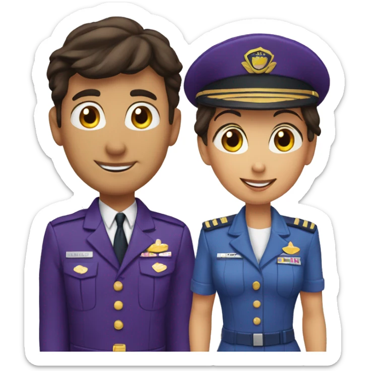 2 latino pilots one man and other woman wearing purpure uniform saying goodbye sticker