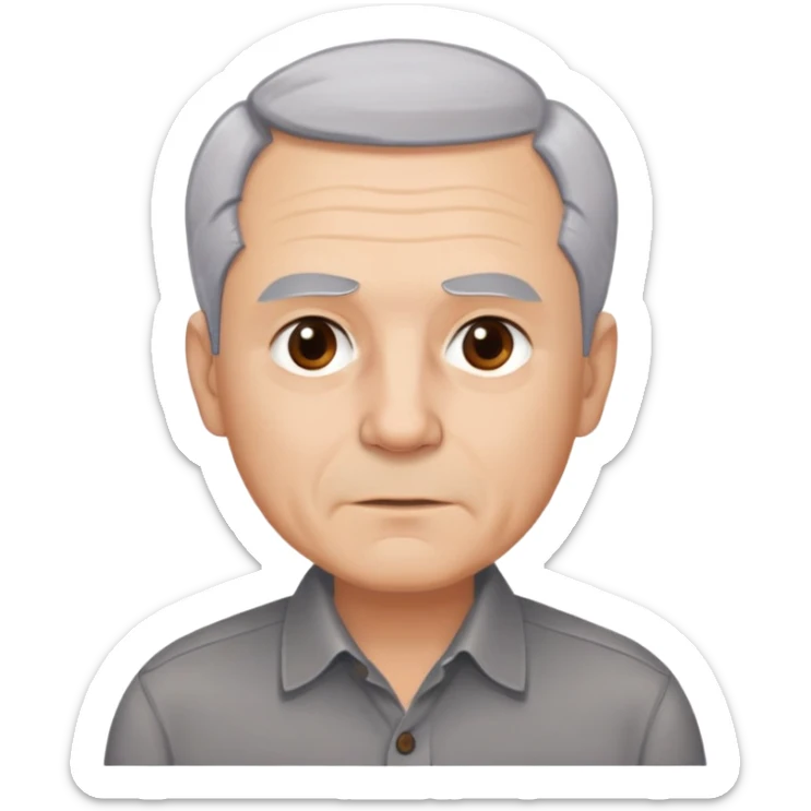 Close-up portrait of René Monclova. Light-skinned older man with round face and broad jaw. Short silver-gray hair with visible receding hairline. Warm brown eyes, thick eyebrows. Neutral expression. Wearing a dark button-up shirt. sticker