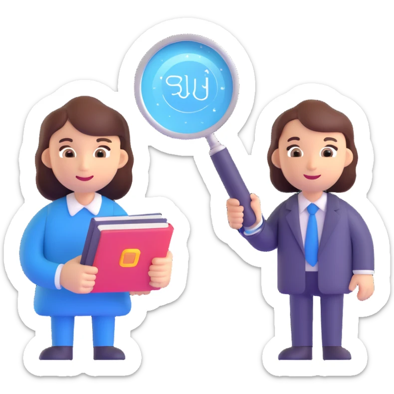 an AI assistant handing a magnifying glass and a book to an employee, with sparkles and speed lines, representing contextual insights, upskilling, and bias mitigation sticker