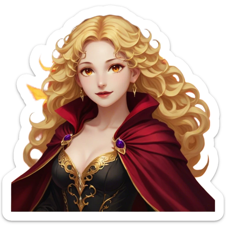 A breathtakingly beautiful female Fae with golden, wavy hair cascading down her back, her amber eyes sparkling with both warmth and untamed power. She wears a fitted black bodice paired with an opulent crimson cloak, the fabric swirling around her like liquid fire. Her lips are curved in a knowing smile, her posture both regal and effortlessly confident sticker