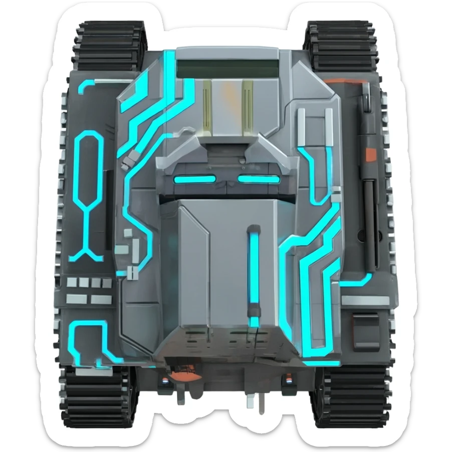 A top down view of a robot with tank tracks, in a cyber punk futuristic style far beyond what is currently available today, from the year 3000, the camera needs to be directly above the robot looking down sticker