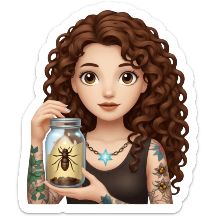 woman with long curly brown hair, brown eyes, white skin, tattoos, holding a jar of captured starlight insects sticker