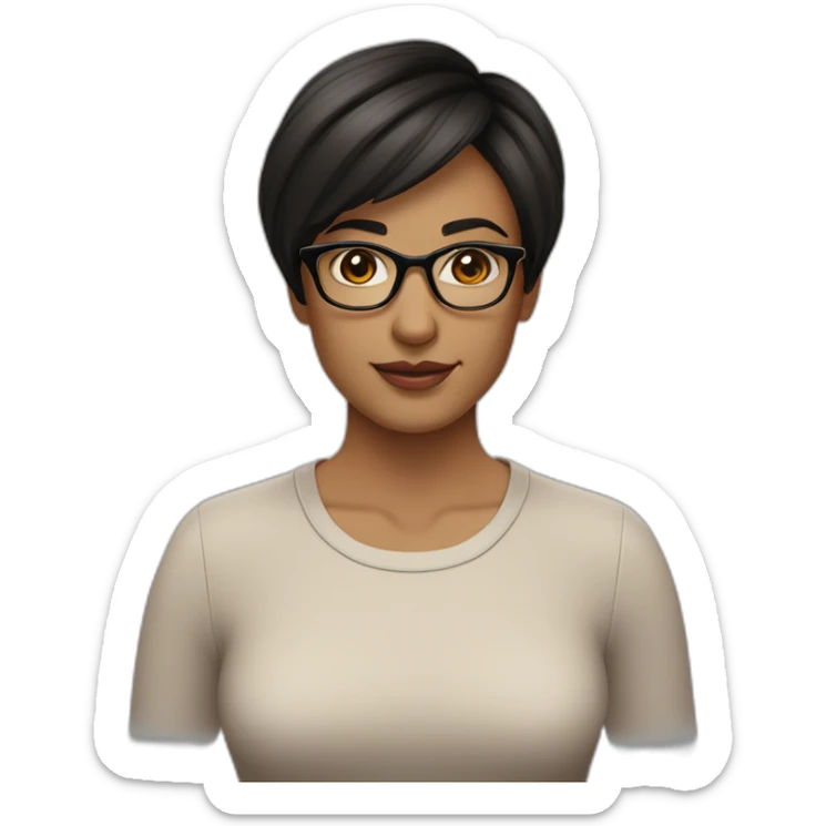 42 year old women bob haircut dark brown hair brown eyes glasses black eyebrows sticker