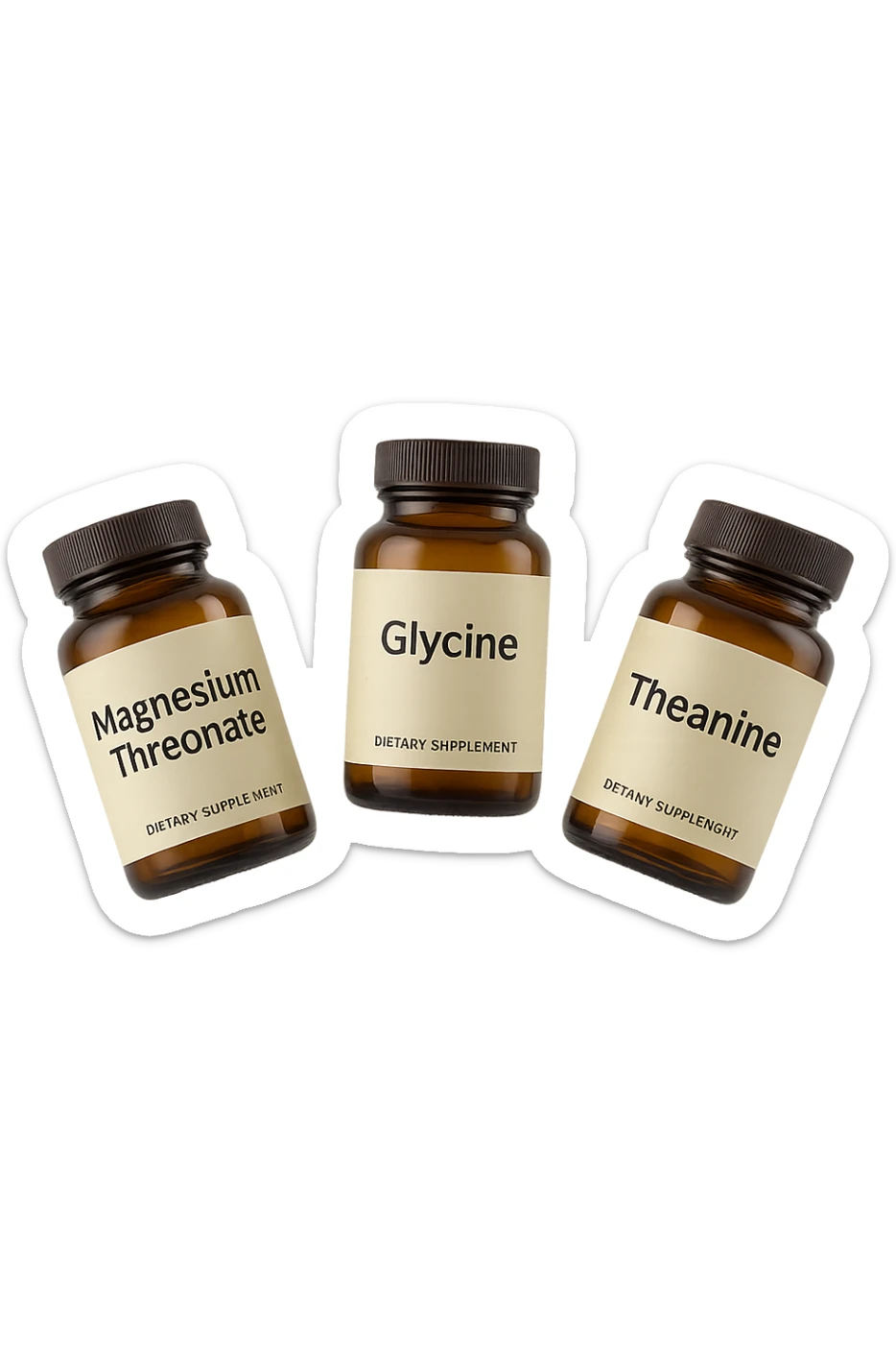 3 boccette di integratori: Magnesio Treonato, glicina, teanina, fluttuano in aria sticker