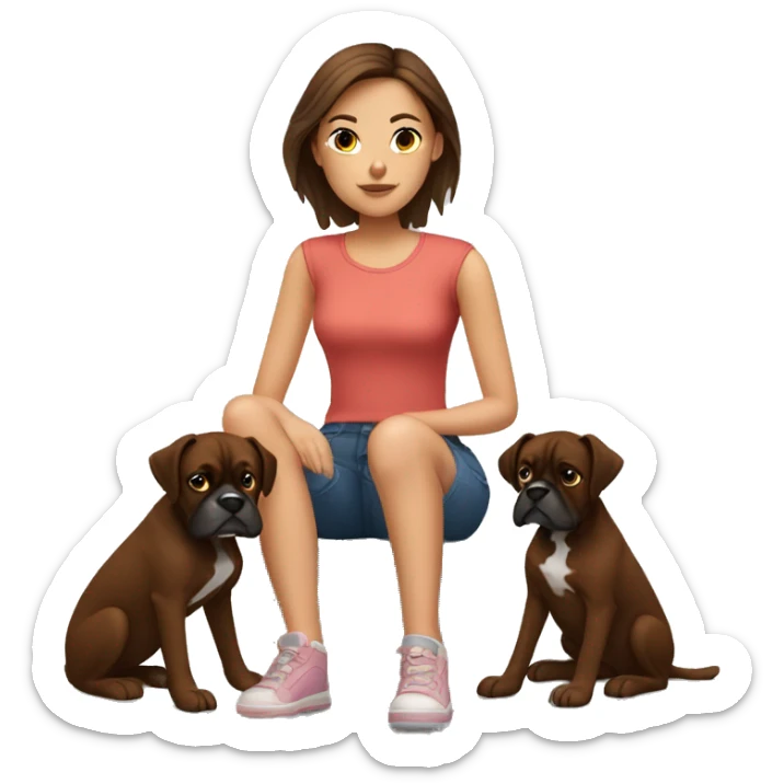 a girl with brown hair, sitting with two dark brown boxer dogs sticker