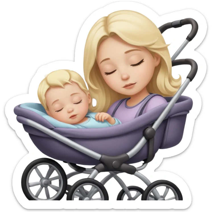 Poussette avec un bébé blond qui dort guider par sa maman blonde aux cheveux longs et aux yeux marrons  sticker