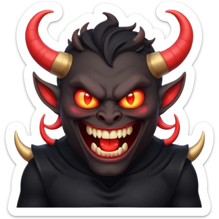 “Scary demon emoji, evil human-like laugh, black clothes, big curved horns, glowing red eyes, upper body visible till chest, dark mood, high detail, emoji style, clean background” sticker