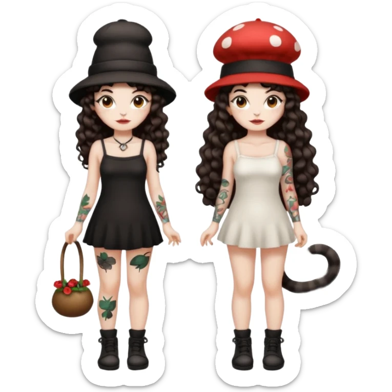 full body woman long curly brown hair brown eyes white skin tattoos black cat at feet, both wearing matching mushroom hats sticker