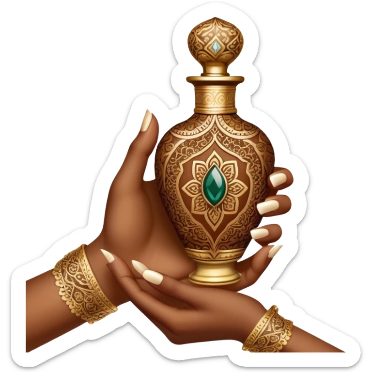 A mesmerizing close-up of henna-adorned hands delicately holding an ornate perfume bottle. The deep, intricate henna patterns beautifully contrast against the soft skin, while the luxurious gold-embellished bottle exudes opulence and tradition. sticker