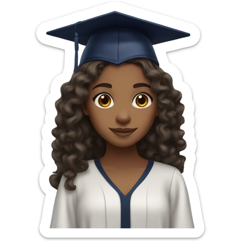 Brown girl wearing navy blue graduation cap with long curly dark brown hair sticker