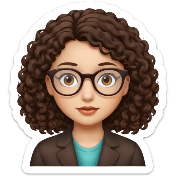 A girl has fair skin curly to wavy dark brown hair, has glasses and almond brown eyes sticker