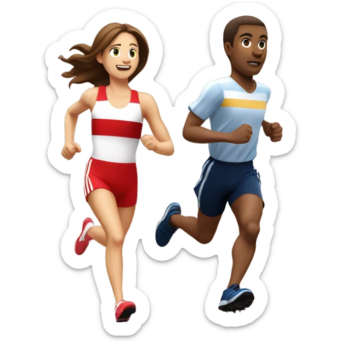 guy with brown hair wearing stripped red and white, running in cross country spikes chasing a girl with a shirt that says NCC track  sticker
