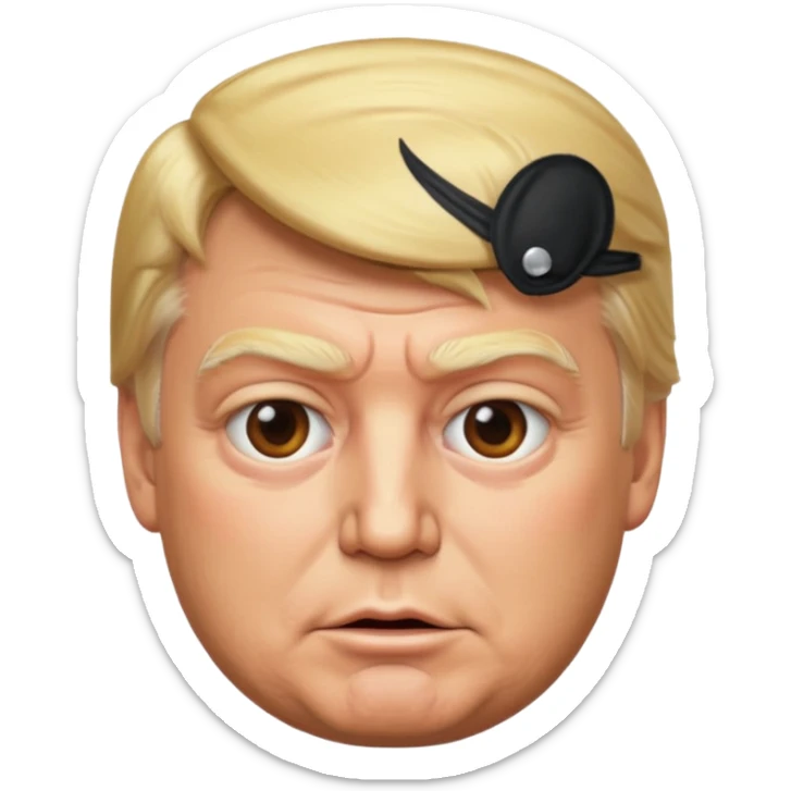 Donald Trump, emoji style, 4K photo-realistic, round face, lifelike skin and features, polished finish, very sly expression, clean background sticker
