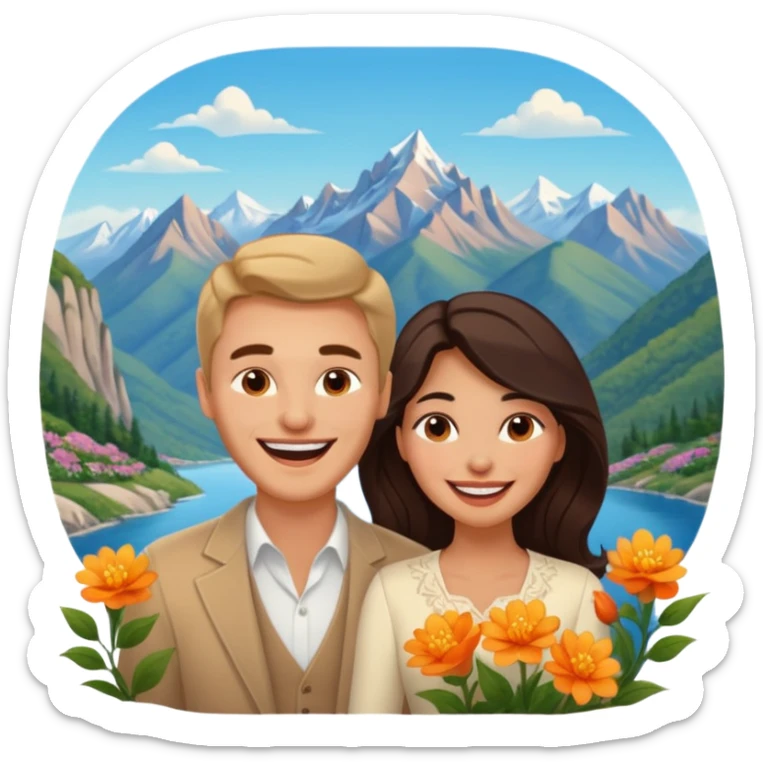 Couple  laughing traveling russian man and elegant  Latina girl delicate flowers and mountains in the background  sticker