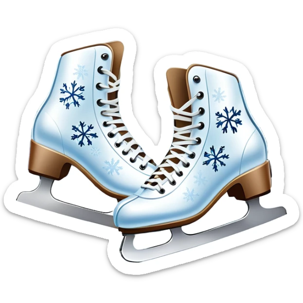 An icon showing In the background, twinkling lights, winter trees, and cheering spectators create a festive atmosphere. a pair of elegant ice skates gliding across a smooth, frozen rink with snowflakes in the air. Transparent background highlights the grace and charm of ice skating. sticker