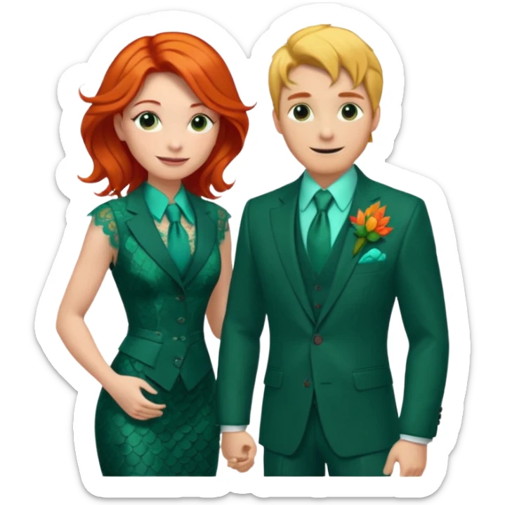  The man, with red hair and visible snake scales, wears a dark green suit with a green tie and an orange boutonnière. The woman, with blonde hair, wears a turquoise ballgown with lace details and holds a colorful tropical bouquet. They smile at each other.  sticker