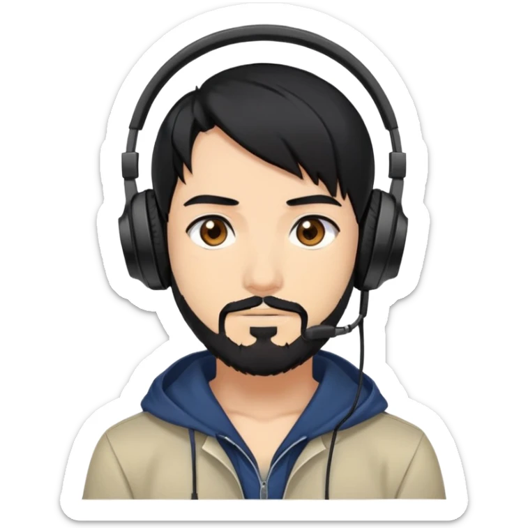 Anime-style man with black hair, brown eyes, black beard wearing gaming headphones, anime character design sticker