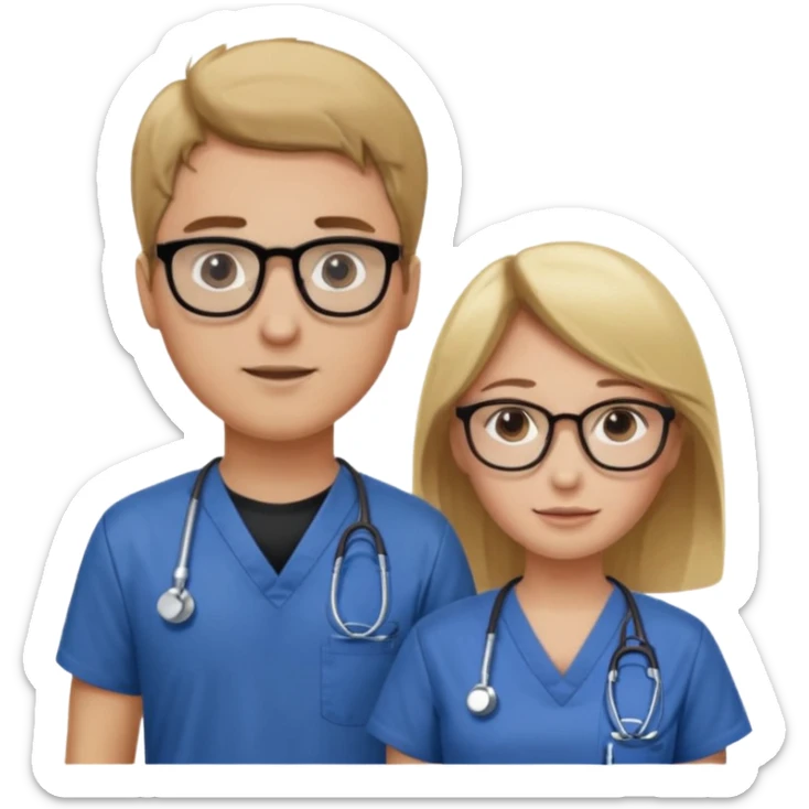 Woman with brown hair and glasses in Scrubbs next to a man with blonde hair and a black shirt sticker