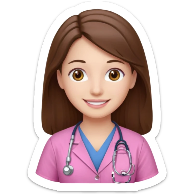 doctor, pink, she, hair brown, eyes brown, scrub baby pink, white skin, long hair, smile  sticker