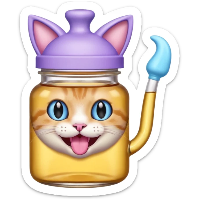 Smiling bottle of oil light purple top and light blue sticking tongue out and with cat ears sticker