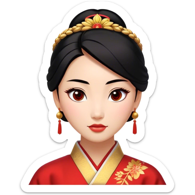 Cinematic Realistic Noble Mulan Portrait, depicted with lifelike, warm light-toned skin that reveals subtle texture and natural shadows. Her sleek black hair is intricately styled into a traditional bun with every strand rendered in exquisite detail, and her almond-shaped eyes, full of quiet resolve, are softly illuminated. She wears a meticulously detailed traditional robe with delicate red and gold accents, its rich fabric textures and gentle folds catching the light beautifully. The portrait radiates a natural, enchanting glow, capturing Mulan’s inner strength and timeless grace in a realistically painterly style. sticker