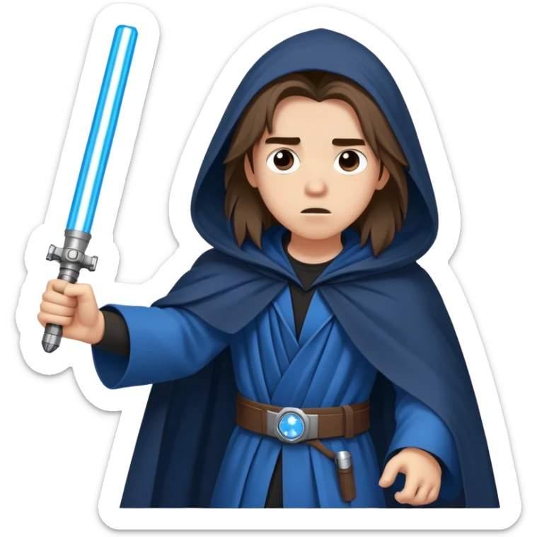 A teenager with long hair that is mad and tired dressed in a cloak with a blue lightsaber sticker