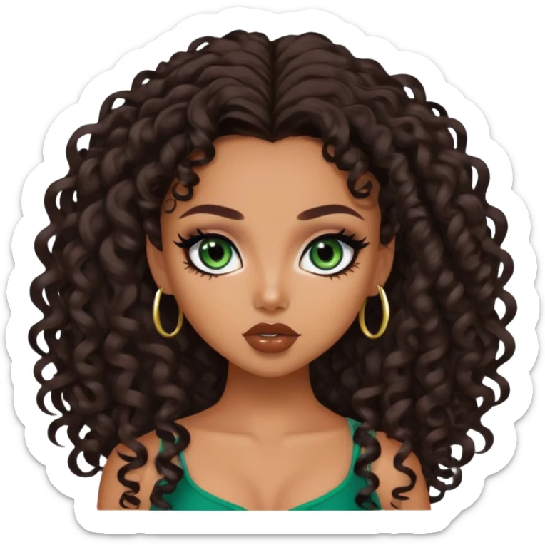 curly long dark brown hair, pretty lips, tan skin,  dark green eyes, pretty bratz baddie, black eyeliner sticker