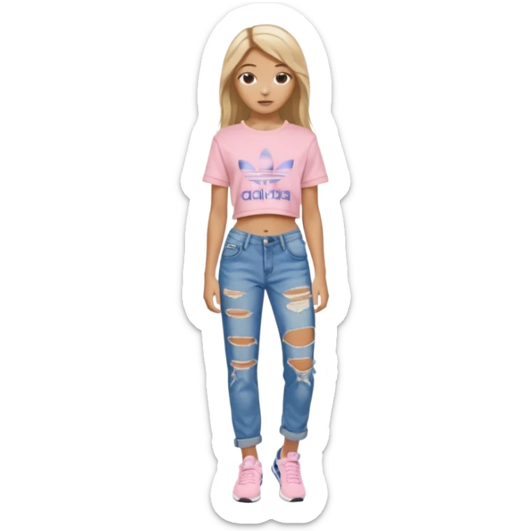 preppy teenage girl, tan, blonde highlights, brown long hair, long eyelashes, beach aesthetic, wearing cute clothes, sexy, wearing ripped blue long baggy jeans with a light pink revealing crop top, wearing Somba Adidas sticker