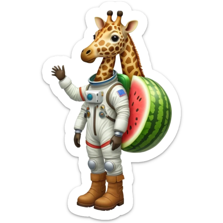 a round watermelon body with only the head of a giraffe sticking out, wearing brown boots and an astronaut helmet sticker