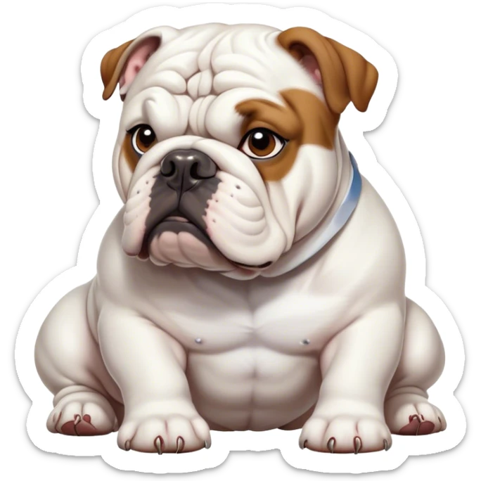 Cinematic Noble White English Bulldog Portrait Emoji, Poised and regal, with a sturdy, muscular build and a pristine, well-groomed pure white coat, deep-set soulful brown eyes, Simplified yet sharp and sophisticated features, highly detailed, glowing with a soft, dignified glow, high shine, intelligent and resolute, stylized with an air of authority, focused and attentive, soft glowing outline, capturing the essence of a watchful and confident guardian, so majestic it feels as though it could lumber out of the screen with effortless authority! sticker