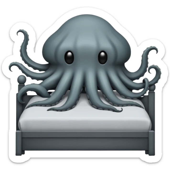 Minimalist emoji-style sticker of a bed with a covered figure and something strange peeking out from underneath. Grayscale only, simple icon.

 sticker