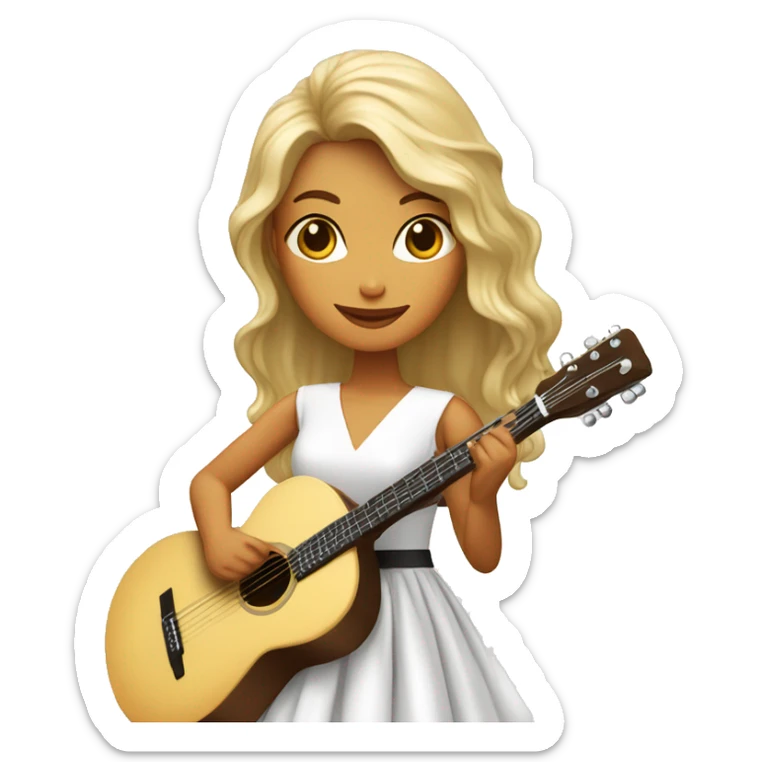 Chica de pelo café y piel blanca con un vestido blanco sosteniendo una guitarra sticker