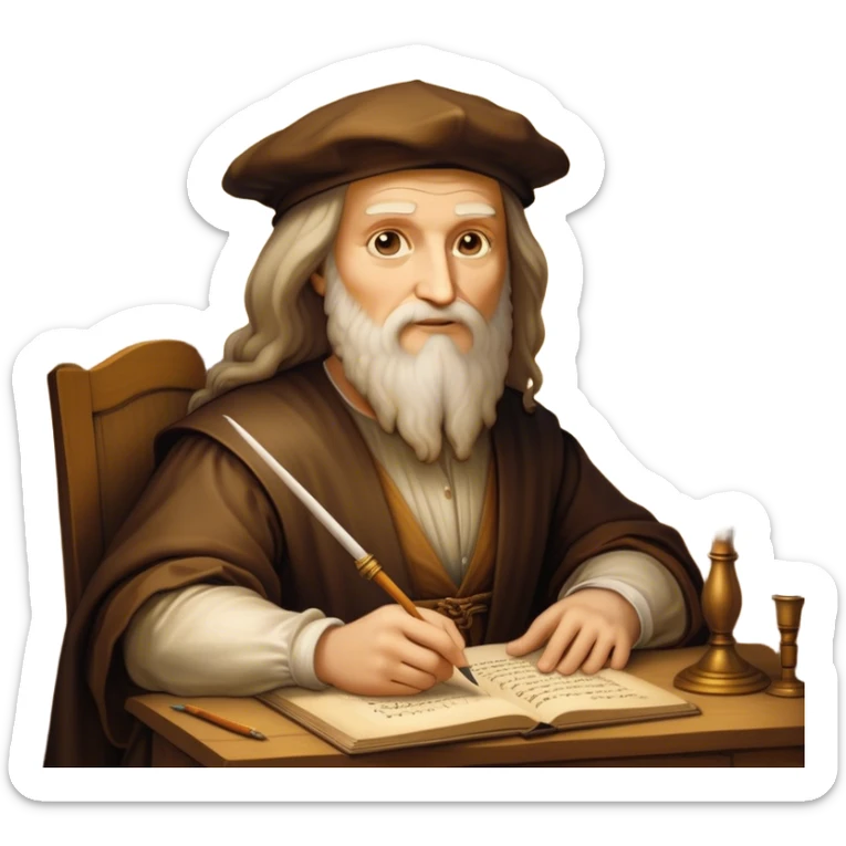 Cinematic Realistic Leonardo da Vinci Portrait Emoji, depicted as the quintessential Renaissance polymath with deep, thoughtful eyes, a flowing beard, and a quill or sketchbook in hand. The scene is illuminated with warm, classical lighting, evoking the atmosphere of a master artist’s workshop, surrounded by early sketches of inventions and masterpieces like the Mona Lisa. sticker