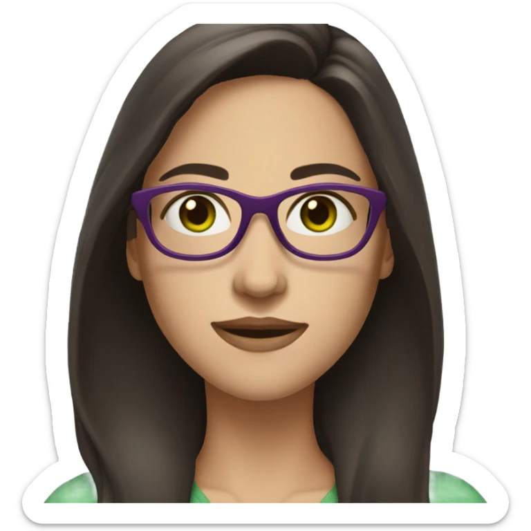 Woman with long dark brown hair and green eyes and fair skin and pruple glasses sticker