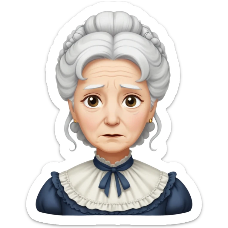 An older Victorian woman with coiffed white hair wearing a modest dress with tears streaming down her face sticker