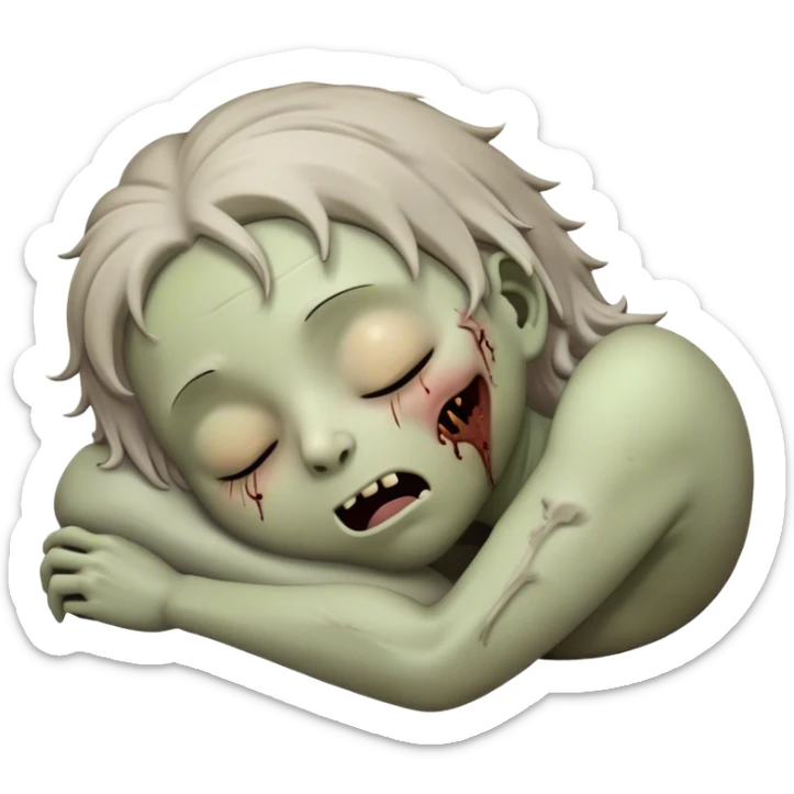 Meme-Worthy Cute Sleeping Zombie Portrait Emoji, with a delightfully quirky, slightly disheveled decaying face in soft ashen hues, head tilted back in peaceful, relaxed sleep with softly closed eyes and a tiny, endearing smile, simplified yet irresistibly charming, highly detailed with a soft eerie glowing outline that captures the gentle, unexpected cuteness of a zombie in serene repose! sticker