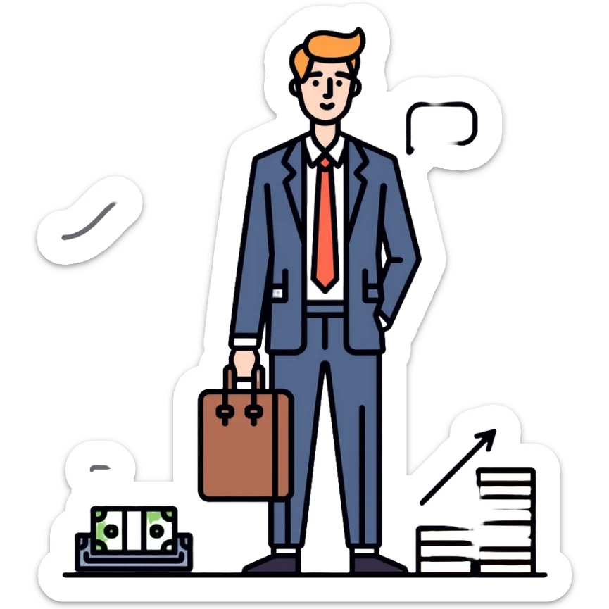 Finance expert businessman with briefcase, stock market chart, and money sticker