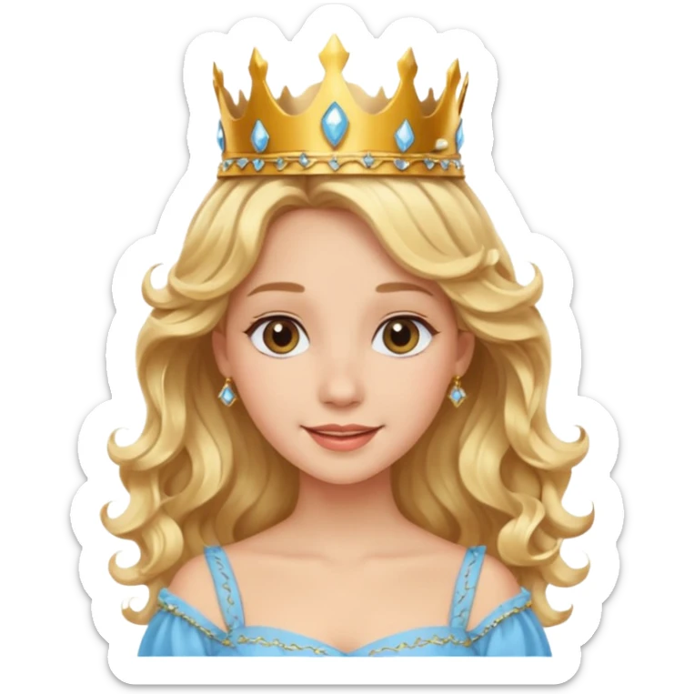 Cheerful blonde princess with wavy hair and light blue dress, wearing crown sticker