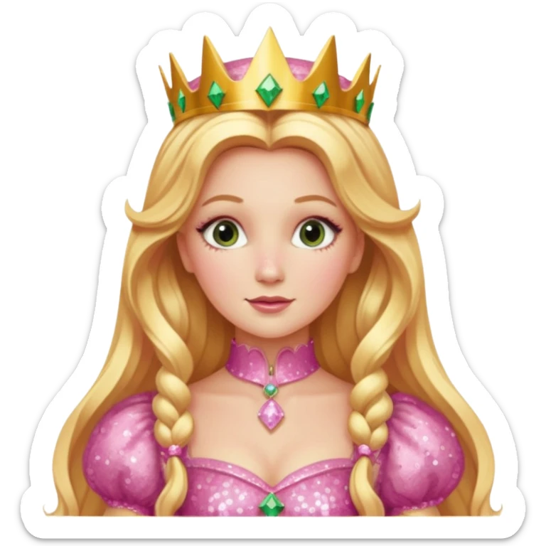 Glinda from The Wizard of Oz with long golden blonde hair, pink sequin outfit sticker