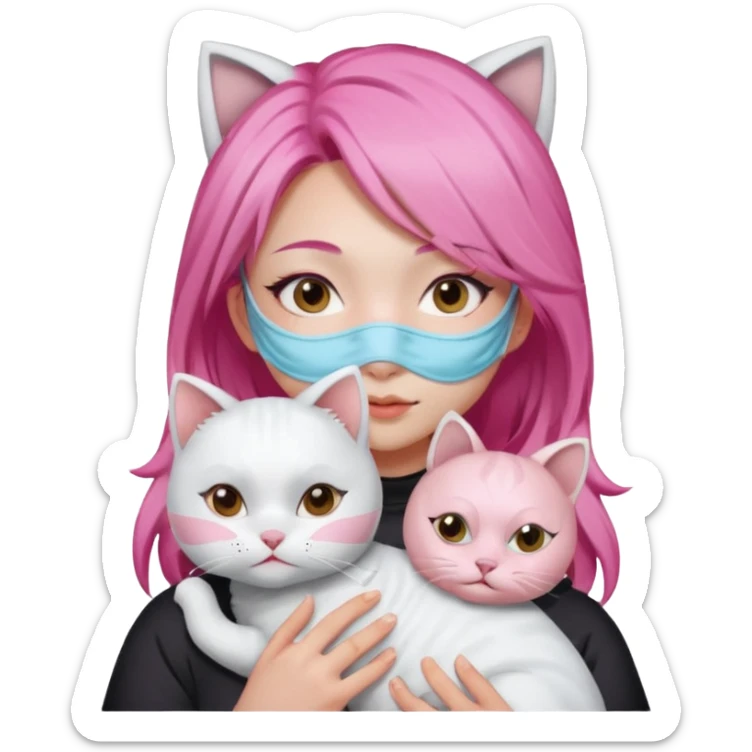 Asian girl with pink hair mask sheet whole face with a white cat sticker