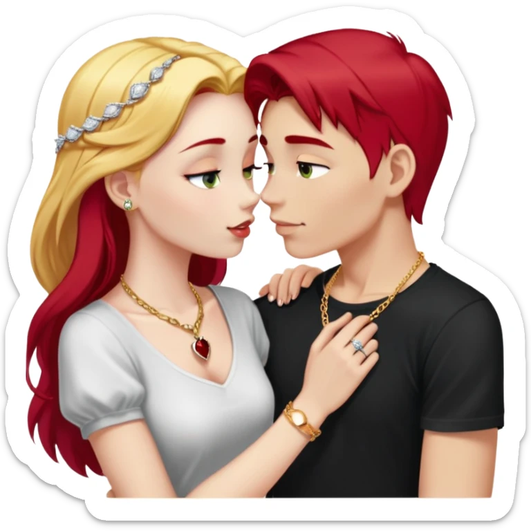 young couple kissing, girl with long cherry red hair and blonde eyebrows, gold A necklace, diamond ring, red bracelet, light clothes, boy with SHORT SNOW WHITE hair, silver ring with black stone, dark t-shirt sticker